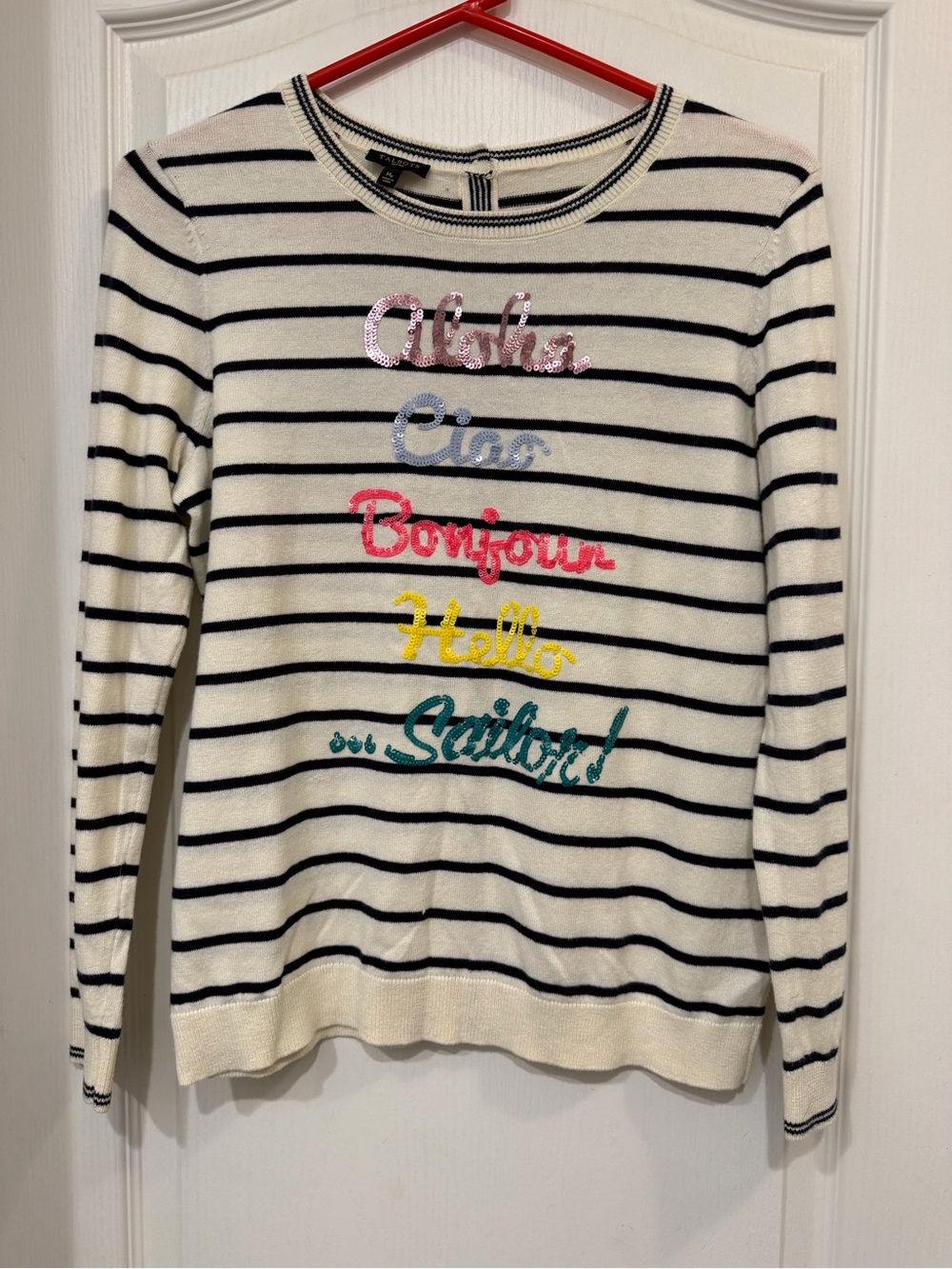 Talbots Petites MP Getaway Sequin Sailor Greetings Striped Button Back Sweater